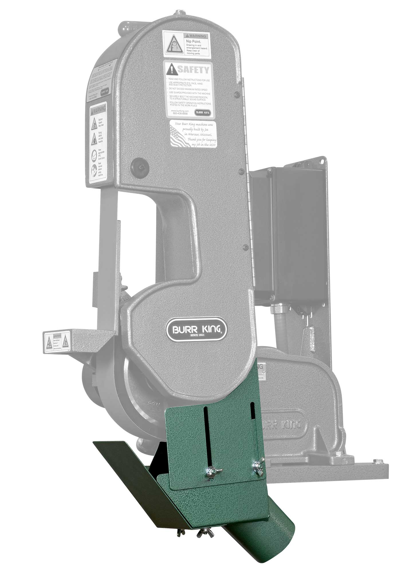 DS400-1 dust scoop for Burr King Model X400 belt grinder. Shown on 24821 variable speed X400